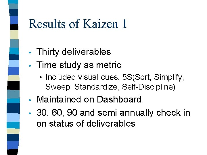 Results of Kaizen 1 • • Thirty deliverables Time study as metric • Included