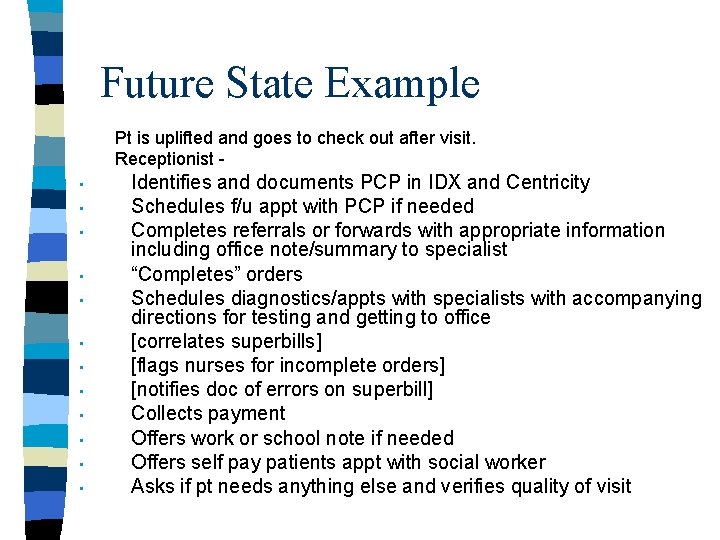 Future State Example Pt is uplifted and goes to check out after visit. Receptionist
