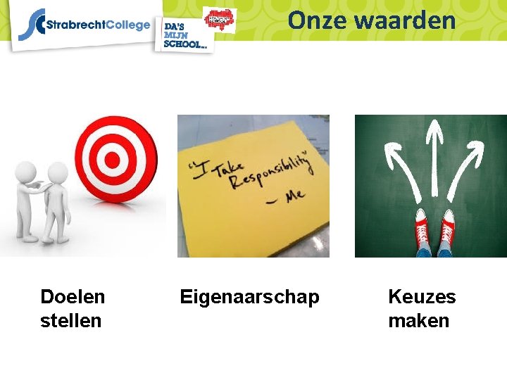 Onze waarden Doelen stellen Eigenaarschap Keuzes maken 