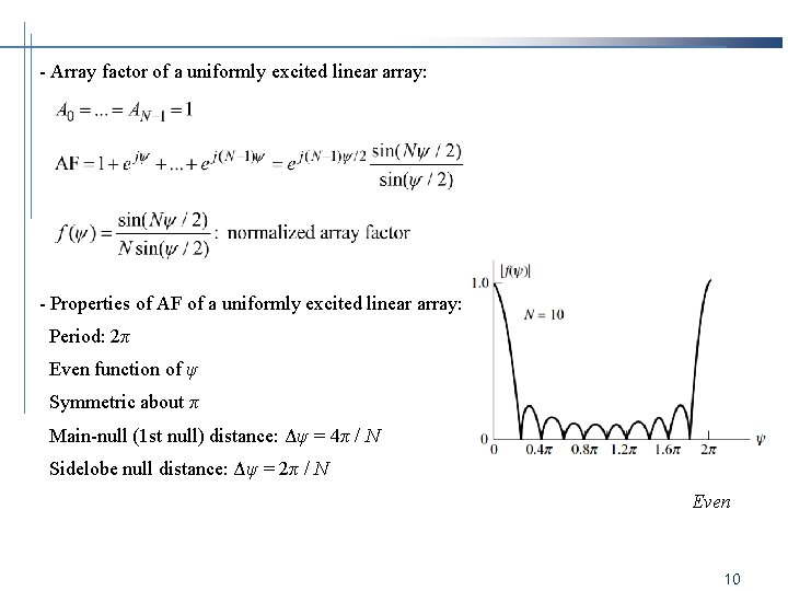 - Array factor of a uniformly excited linear array: - Properties of AF of