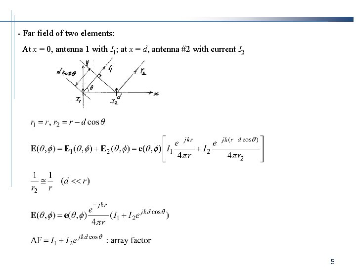 - Far field of two elements: At x = 0, antenna 1 with I