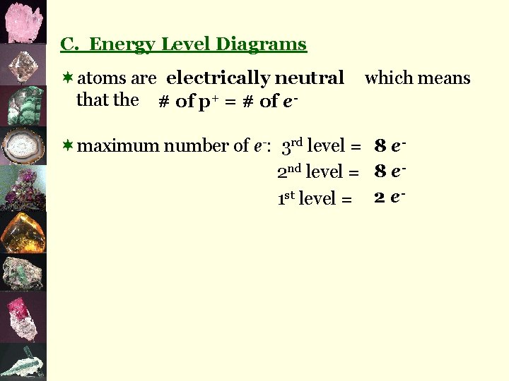 C. Energy Level Diagrams ¬atoms are electrically neutral that the # of p+ =