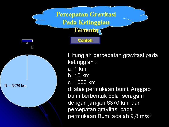 Percepatan Gravitasi Pada Ketinggian Tertentu Contoh h R = 6370 km Hitunglah percepatan gravitasi