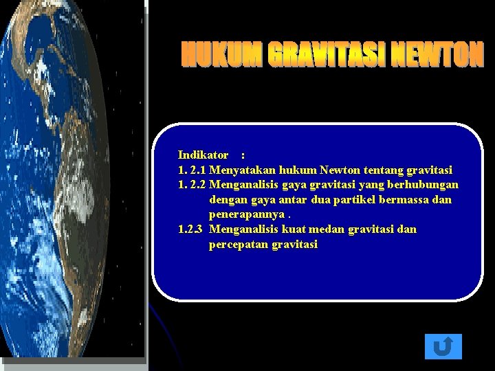 Indikator : 1. 2. 1 Menyatakan hukum Newton tentang gravitasi 1. 2. 2 Menganalisis