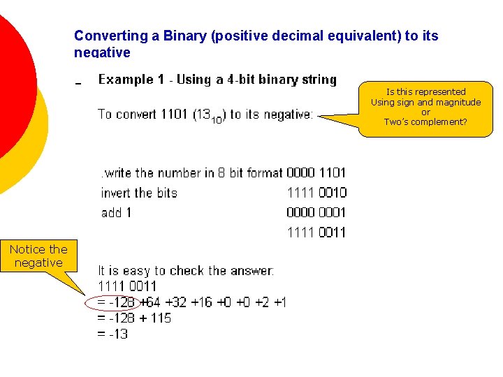 Converting a Binary (positive decimal equivalent) to its negative Is this represented Using sign