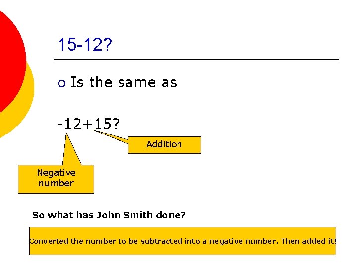 15 -12? ¡ Is the same as -12+15? Addition Negative number So what has