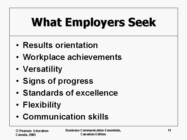 What Employers Seek • • Results orientation Workplace achievements Versatility Signs of progress Standards