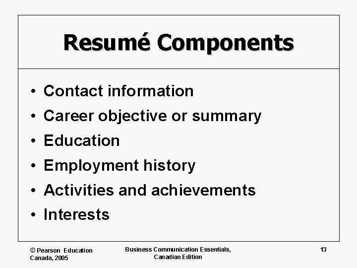 Resumé Components • Contact information • Career objective or summary • Education • Employment