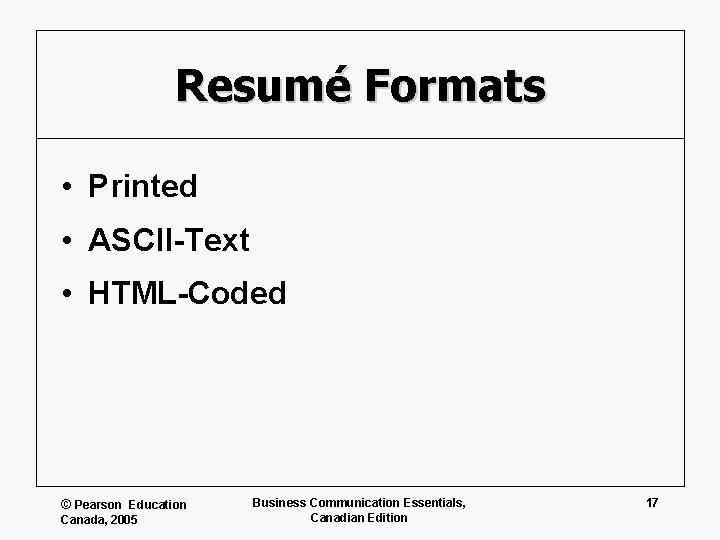 Resumé Formats • Printed • ASCII-Text • HTML-Coded © Pearson Education Canada, 2005 Business