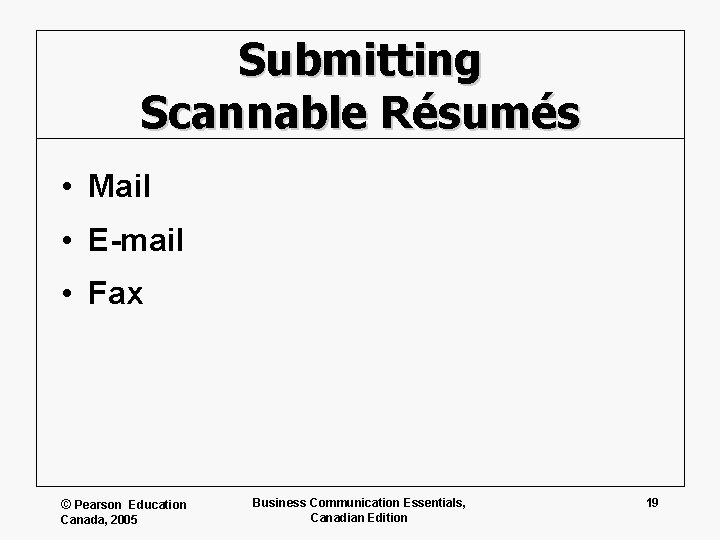 Submitting Scannable Résumés • Mail • E-mail • Fax © Pearson Education Canada, 2005