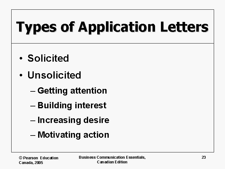 Types of Application Letters • Solicited • Unsolicited – Getting attention – Building interest