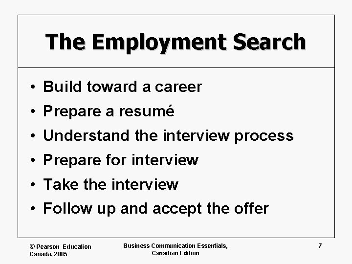 The Employment Search • Build toward a career • Prepare a resumé • Understand