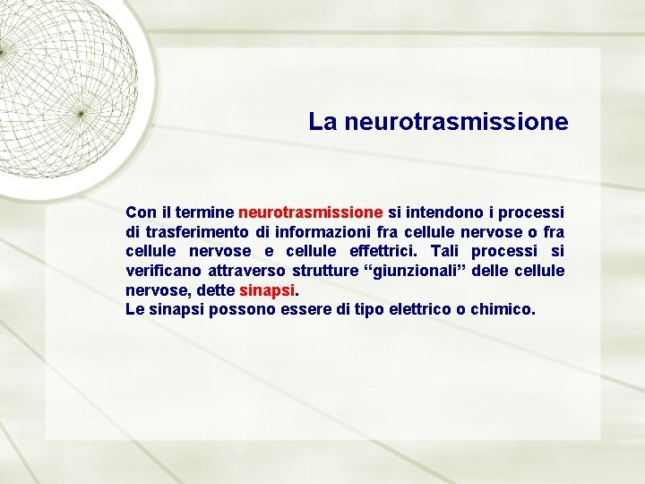 La neurotrasmissione Con il termine neurotrasmissione si intendono i processi di trasferimento di informazioni