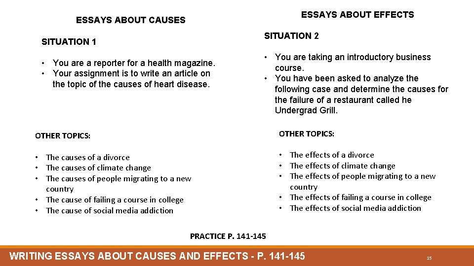 ESSAYS ABOUT EFFECTS ESSAYS ABOUT CAUSES SITUATION 2 SITUATION 1 • You are a