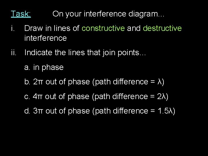 Task: i. On your interference diagram… Draw in lines of constructive and destructive interference