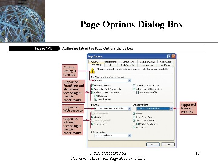 Page Options Dialog Box New Perspectives on Microsoft Office Front. Page 2003 Tutorial 1