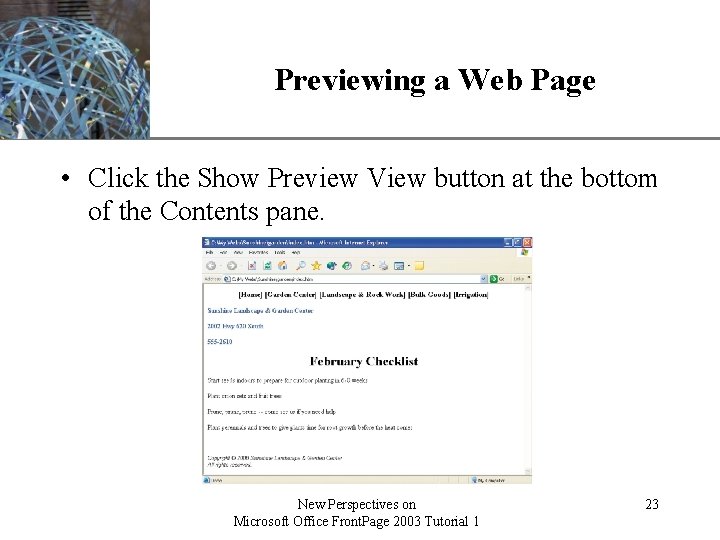 Previewing a Web Page XP • Click the Show Preview View button at the