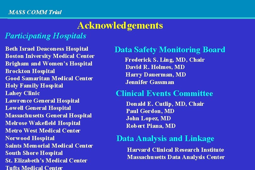 MASS COMM Trial Acknowledgements Participating Hospitals Beth Israel Deaconess Hospital Boston Iniversity Medical Center