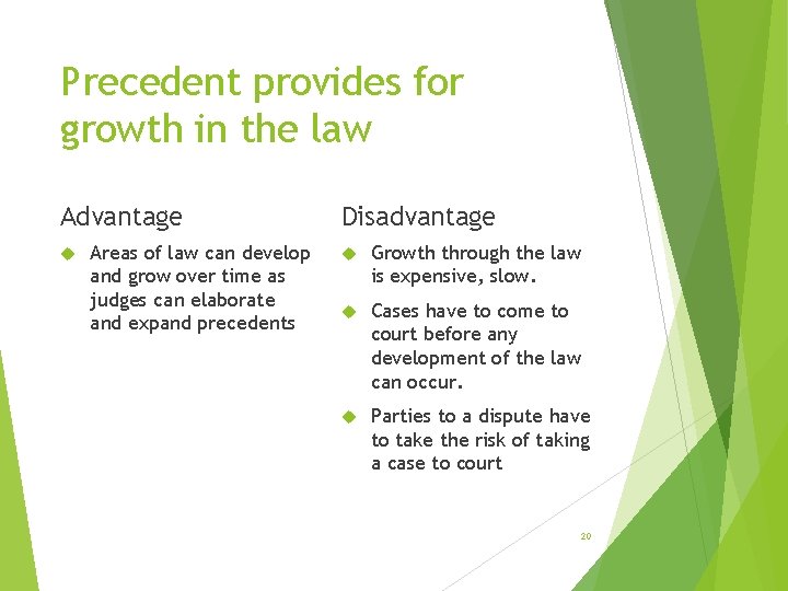 Precedent provides for growth in the law Advantage Areas of law can develop and