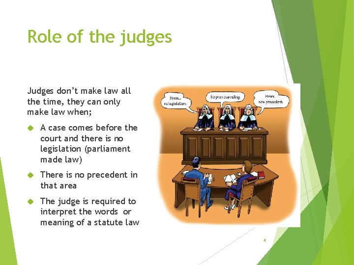 Role of the judges Judges don’t make law all the time, they can only