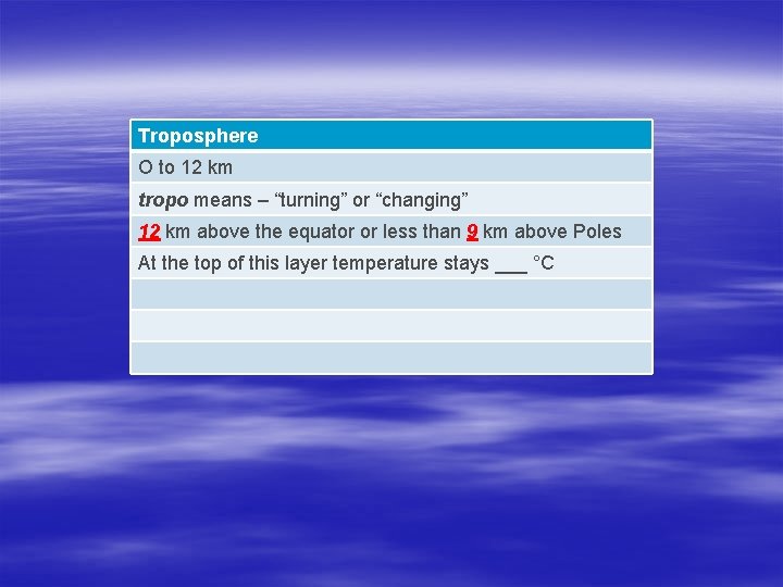 Troposphere O to 12 km tropo means – “turning” or “changing” 12 km above