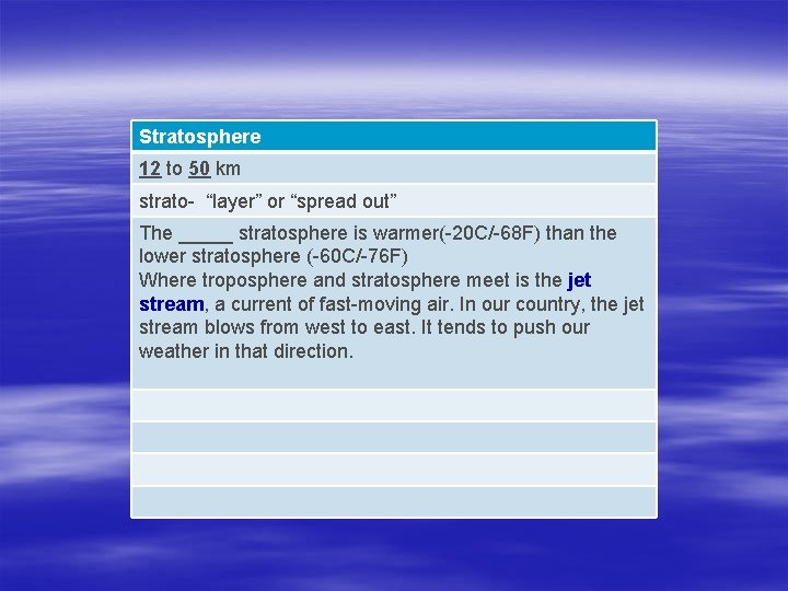 Stratosphere 12 to 50 km strato- “layer” or “spread out” The _____ stratosphere is