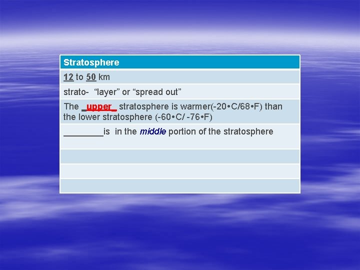 Stratosphere 12 to 50 km strato- “layer” or “spread out” The _upper_ stratosphere is