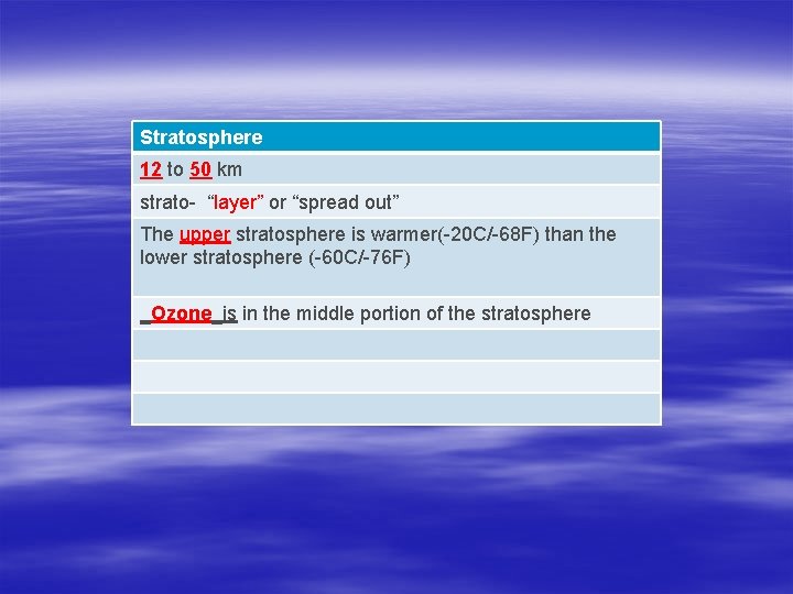 Stratosphere 12 to 50 km strato- “layer” or “spread out” The upper stratosphere is