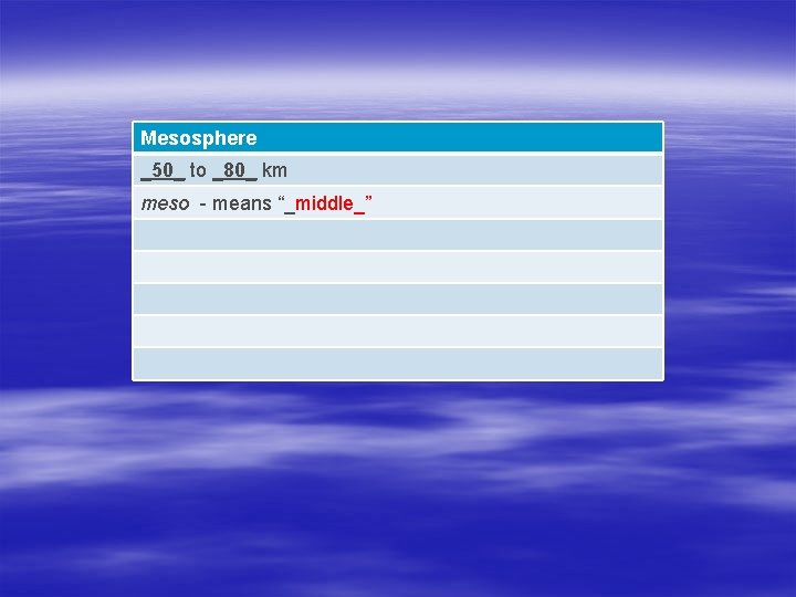 Mesosphere _50_ to _80_ km meso - means “_middle_” 
