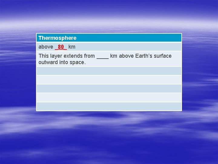 Thermosphere above _80_ km This layer extends from ____ km above Earth’s surface outward
