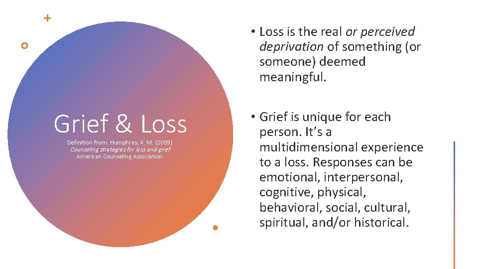  • Loss is the real or perceived deprivation of something (or someone) deemed
