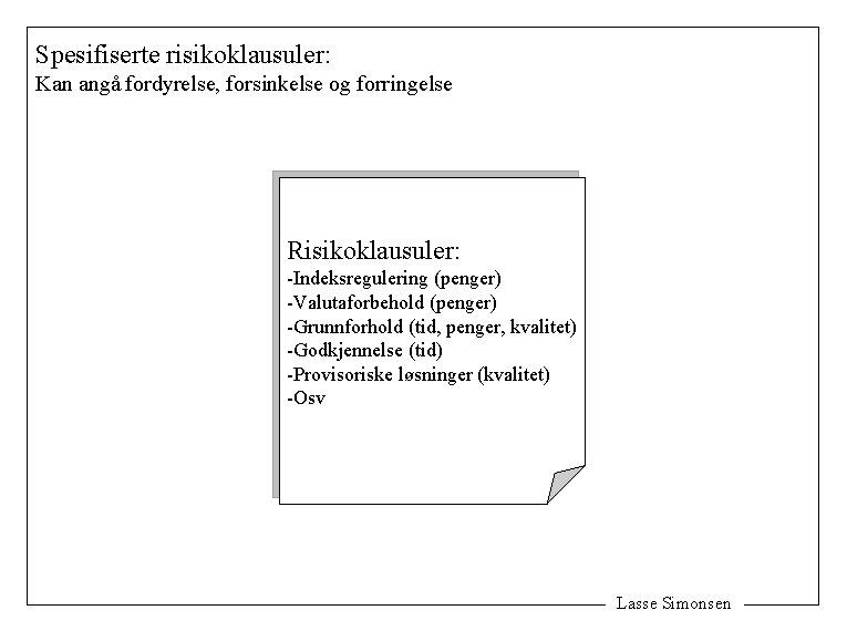 Spesifiserte risikoklausuler: Kan angå fordyrelse, forsinkelse og forringelse Risikoklausuler: -Indeksregulering (penger) -Valutaforbehold (penger) -Grunnforhold