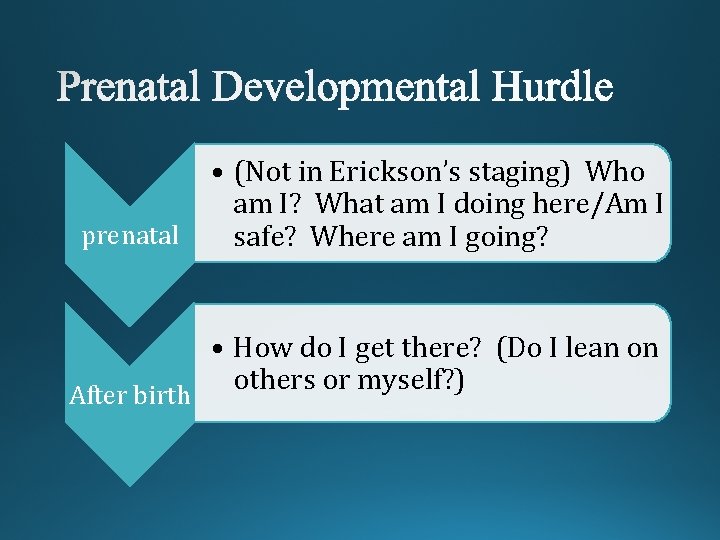 prenatal • (Not in Erickson’s staging) Who am I? What am I doing here/Am