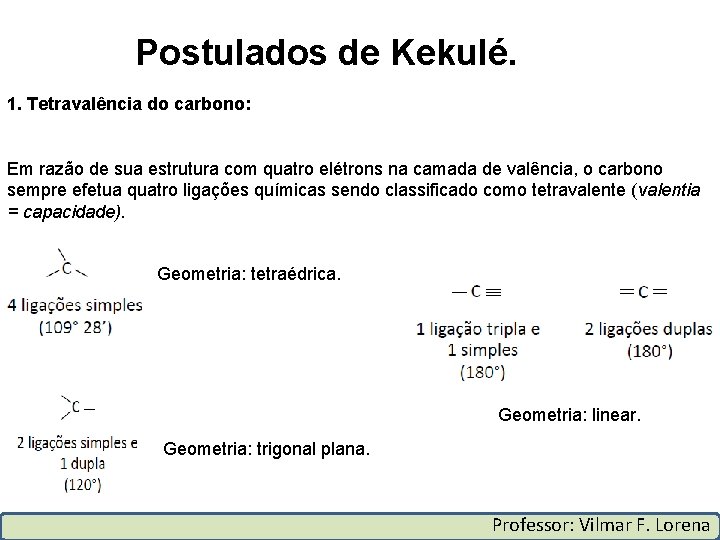 Postulados de Kekulé. 1. Tetravalência do carbono: Em razão de sua estrutura com quatro