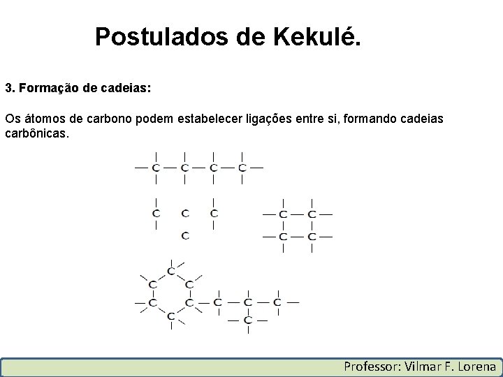 Postulados de Kekulé. 3. Formação de cadeias: Os átomos de carbono podem estabelecer ligações