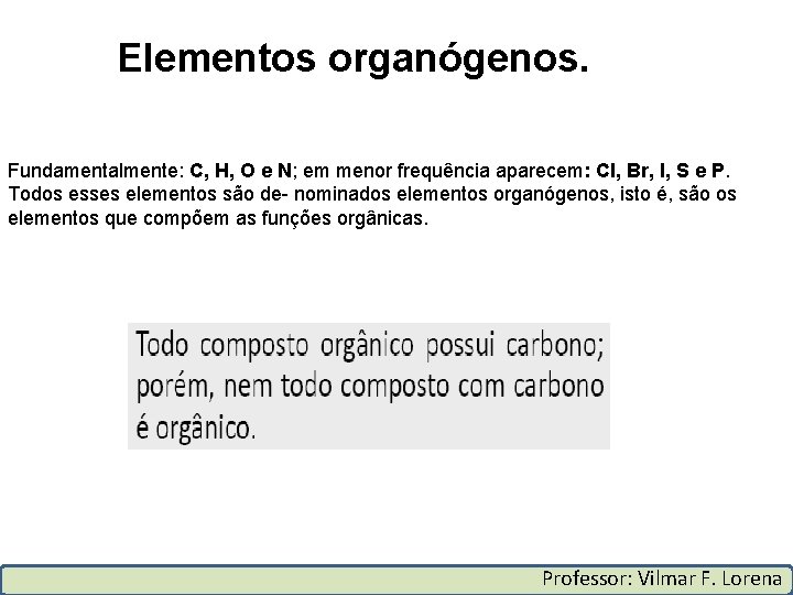 Elementos organógenos. Fundamentalmente: C, H, O e N; em menor frequência aparecem: Cl, Br,