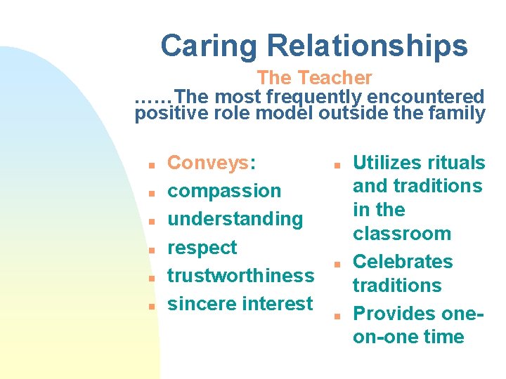 Caring Relationships The Teacher ……The most frequently encountered positive role model outside the family