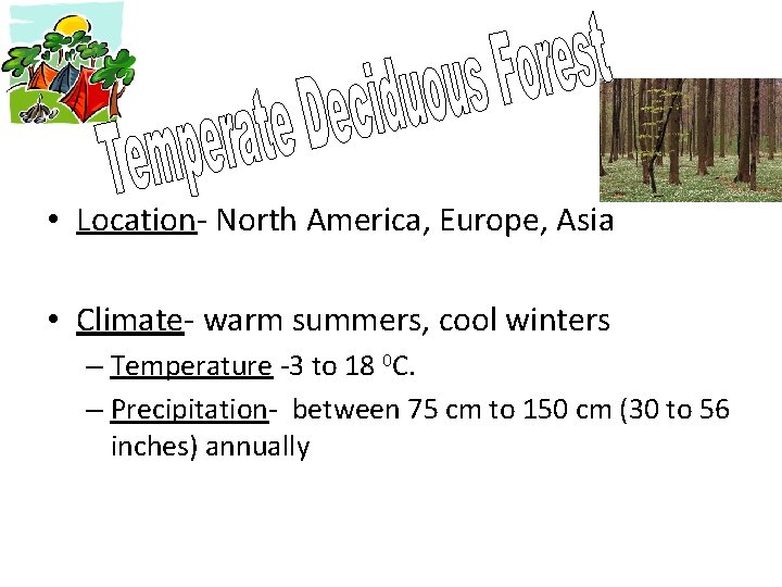  • Location- North America, Europe, Asia • Climate- warm summers, cool winters –