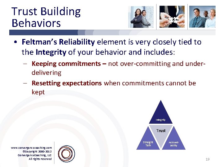 Trust Building Behaviors • Feltman’s Reliability element is very closely tied to the Integrity