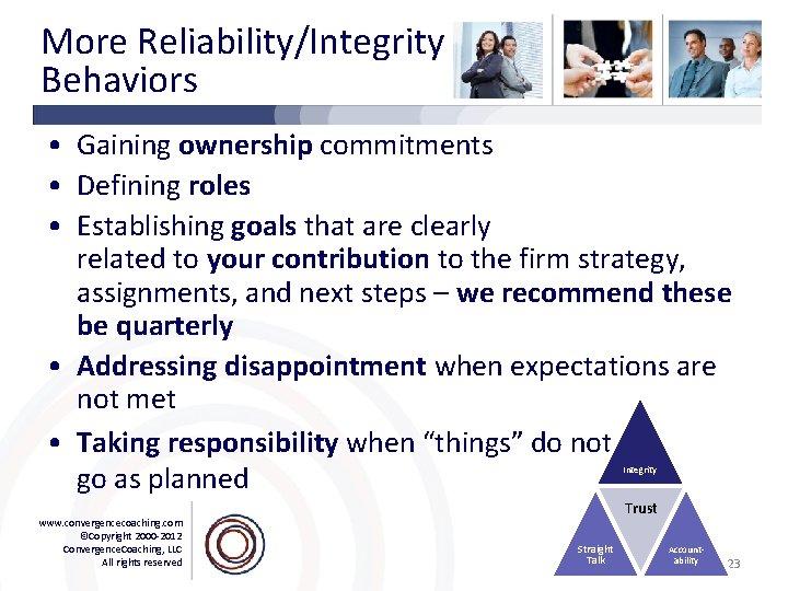 More Reliability/Integrity Behaviors • Gaining ownership commitments • Defining roles • Establishing goals that