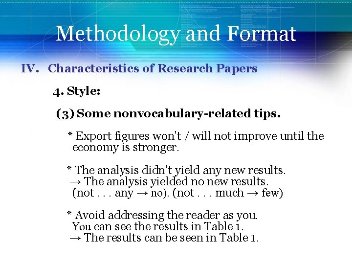 Methodology and Format IV. Characteristics of Research Papers 4. Style: (3) Some nonvocabulary-related tips.