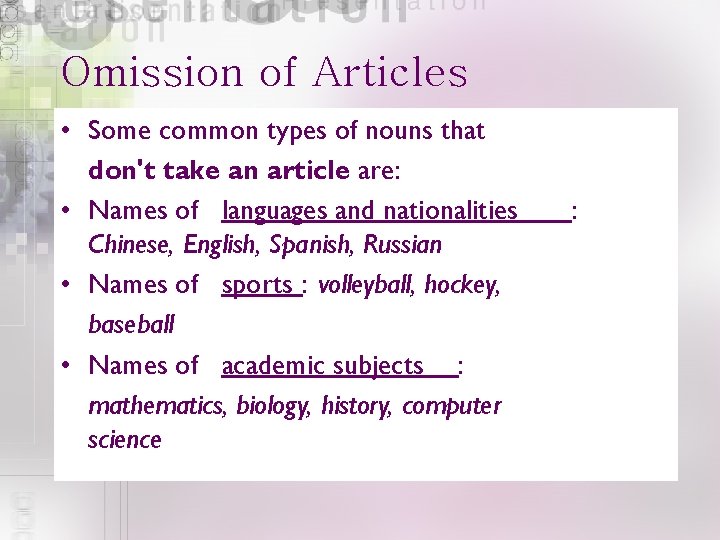 Omission of Articles • Some common types of nouns that don't take an article