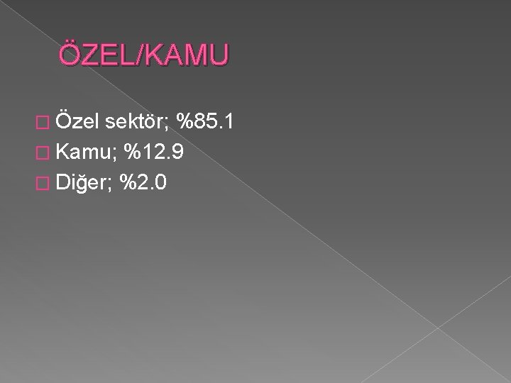 ÖZEL/KAMU � Özel sektör; %85. 1 � Kamu; %12. 9 � Diğer; %2. 0