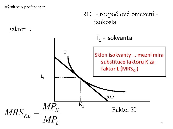 Výrobcovy preference: RO - rozpočtové omezení isokosta Faktor L I 1 - isokvanta I