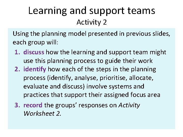 Learning and support teams Activity 2 Using the planning model presented in previous slides,