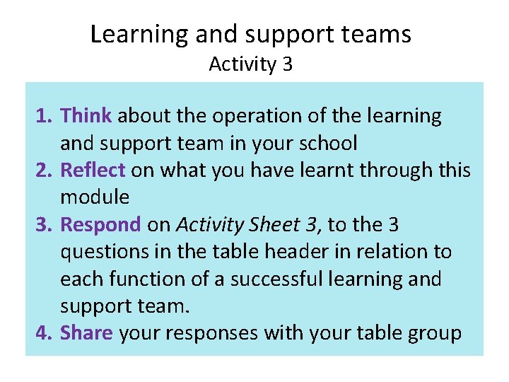 Learning and support teams Activity 3 1. Think about the operation of the learning