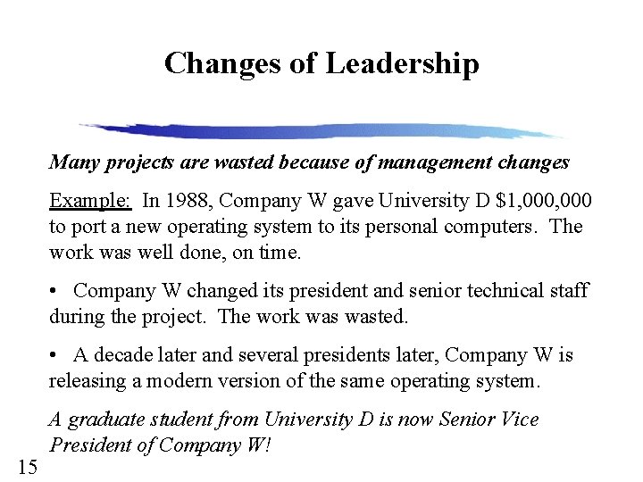 Changes of Leadership Many projects are wasted because of management changes Example: In 1988,
