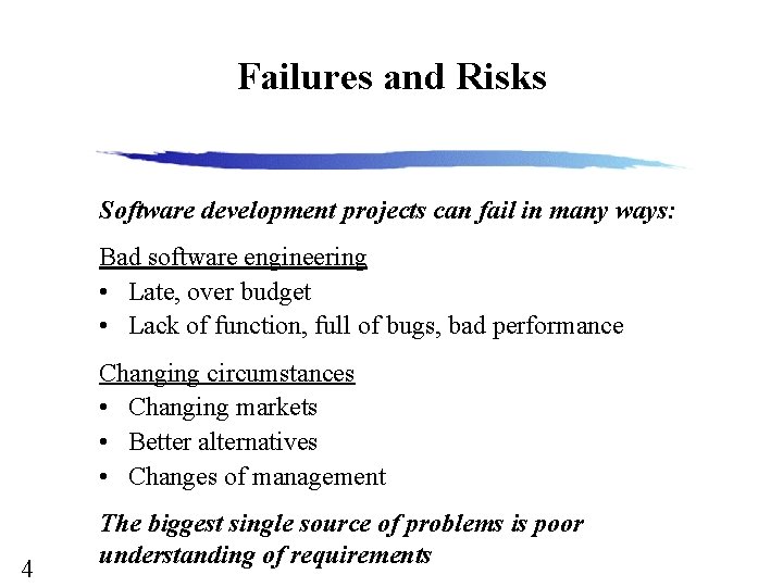 Failures and Risks Software development projects can fail in many ways: Bad software engineering