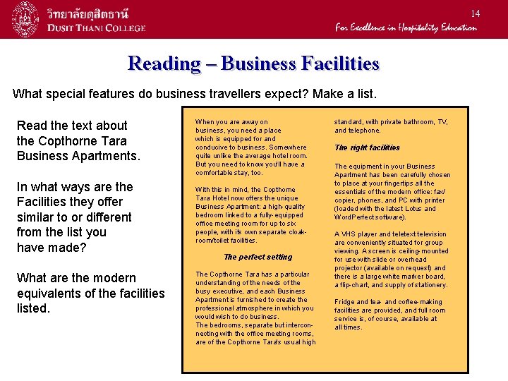 14 Reading – Business Facilities What special features do business travellers expect? Make a