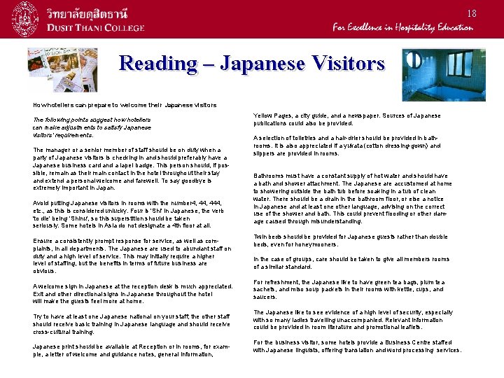 18 Reading – Japanese Visitors How hoteliers can prepare to welcome their Japanese visitors